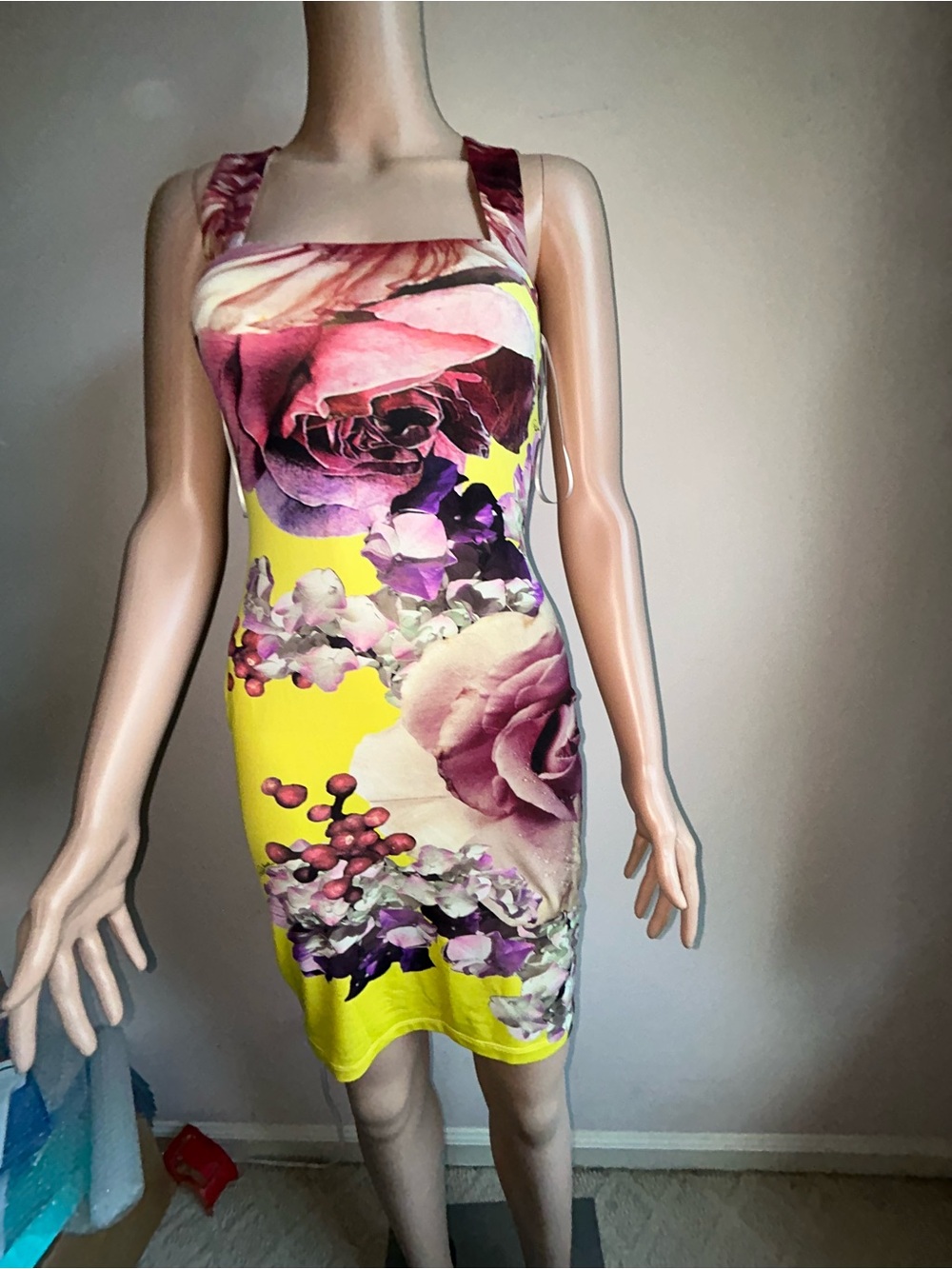 Roberto Cavalli Floral Print Square Neck Yellow Bodycon Dress
